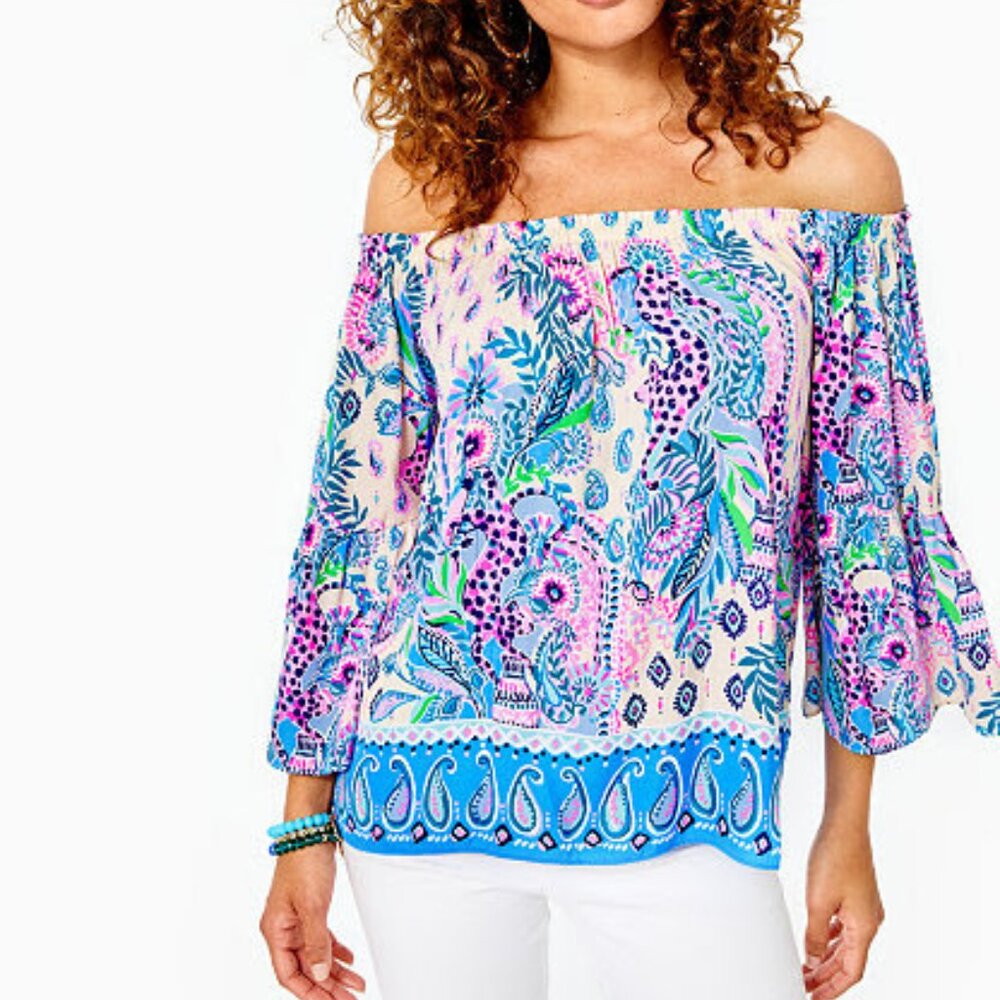 NWT Lilly Pulitzer Nevie Off The Shoulder Top Macadamia Haute Nature Size Large